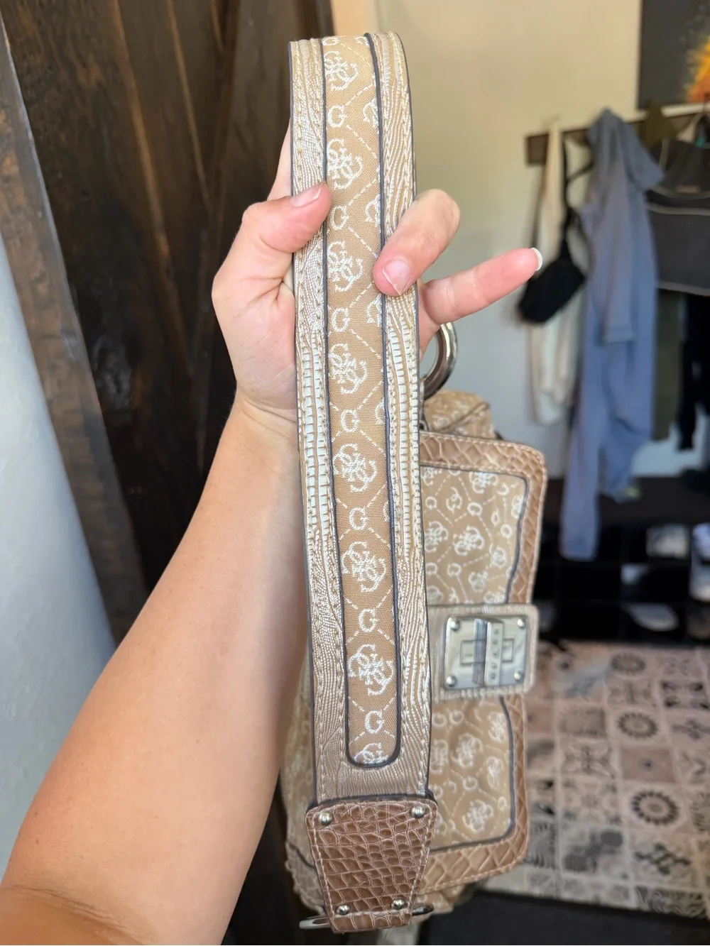 Vintage Guess Y2K Monogram Jacquard Shoulder Bag Beige Croc Buckle Purse Sleaze